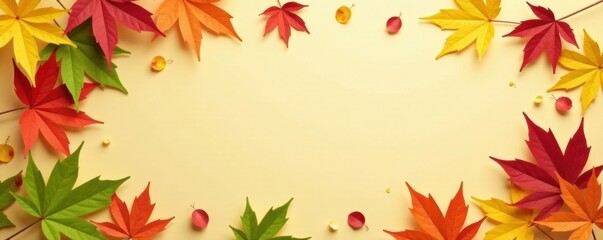 Obraz premium Colorful leaves falling from a square paper mockup on beige background, green, leaves