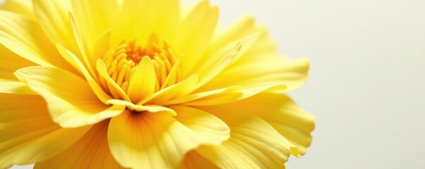 Fototapeta premium Bright yellow marigold petals against a soft white background, flower, petals