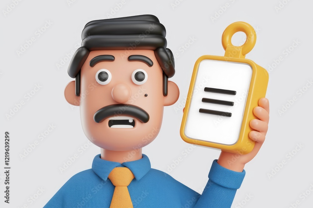 Poster a 3d cartoon man with a surprised expression holds a menu or list.