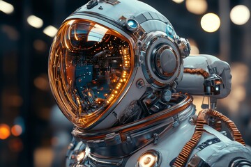 Fototapeta premium Futuristic astronaut helmet reflecting advanced technology in a space exploration environment