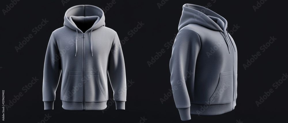 Poster This is a realistic 3D mockup showcasing a hooded sweatshirt that has a functional front zipper, displayed from both side and back perspectives to highlight its design and versatility
