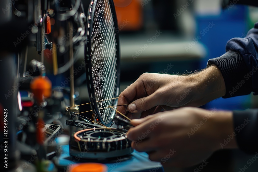 Poster precision badminton racquet stringing by skilled technician showcasing expertise in tensioning strin