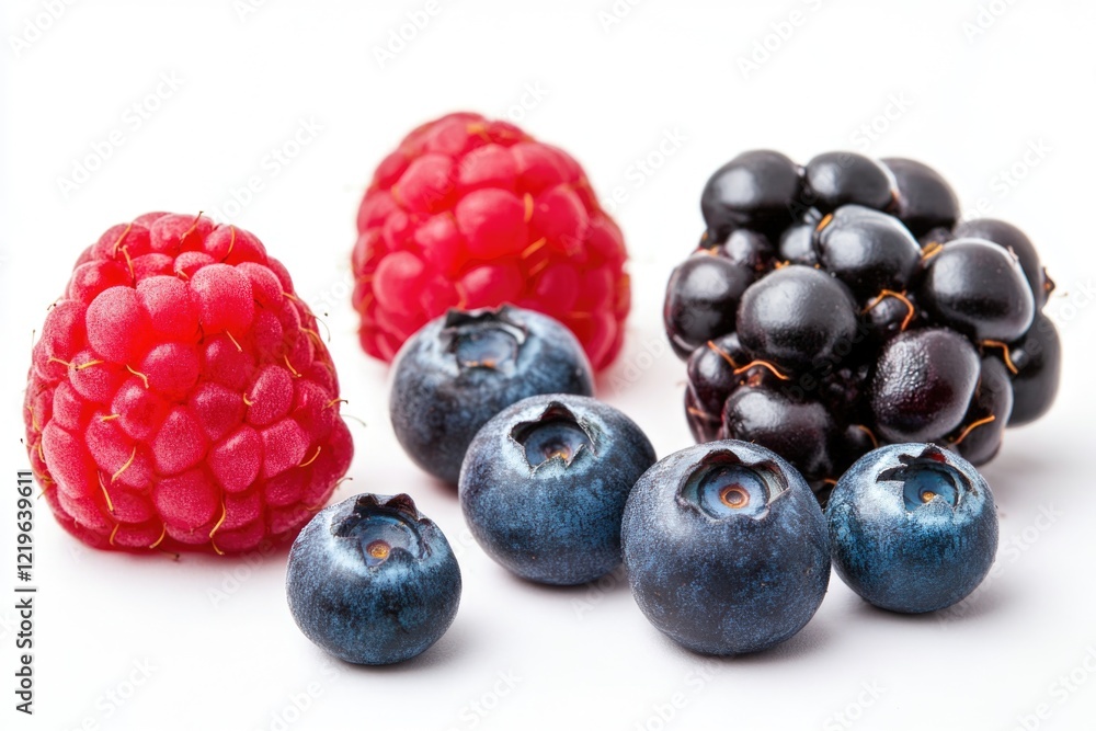 Poster a selection of fresh raspberries with one raspberry isolated on a white surface