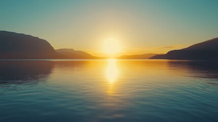 Sunset over calm lake, mountains silhouette, peaceful scene, nature background