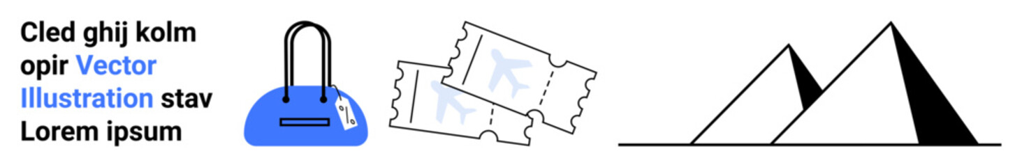 Handbag with tag, pair of tickets, and minimalist pyramids outline. Ideal for travel, tourism, vacations, adventure, planning exploring holidays. Landing page