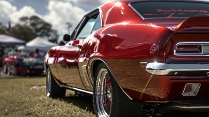 Fototapeta premium Classic Red Muscle Car Showcased at Retro Car Exhibition for Automotive Enthusiasts