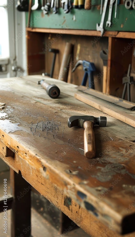 Aufkleber minimalist workbench setup for diy projects with hammer and nails for efficient woodworking