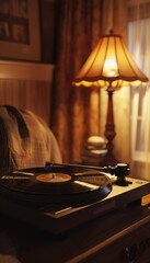Obraz premium Vintage Vinyl Record Spinning on Turntable in Cozy Dimly Lit Room with Warm Atmospheric Lamp Glow