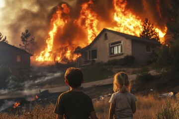 Obraz premium A tragic scene unfolds as a massive wildfire engulfs homes, with two young children helplessly witnessing the destruction, surrounded by thick smoke and flames that threaten everything