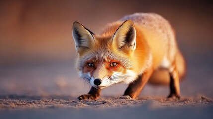 Obraz premium A striking image of a majestic fox prowling in its natural habitat at sunset.