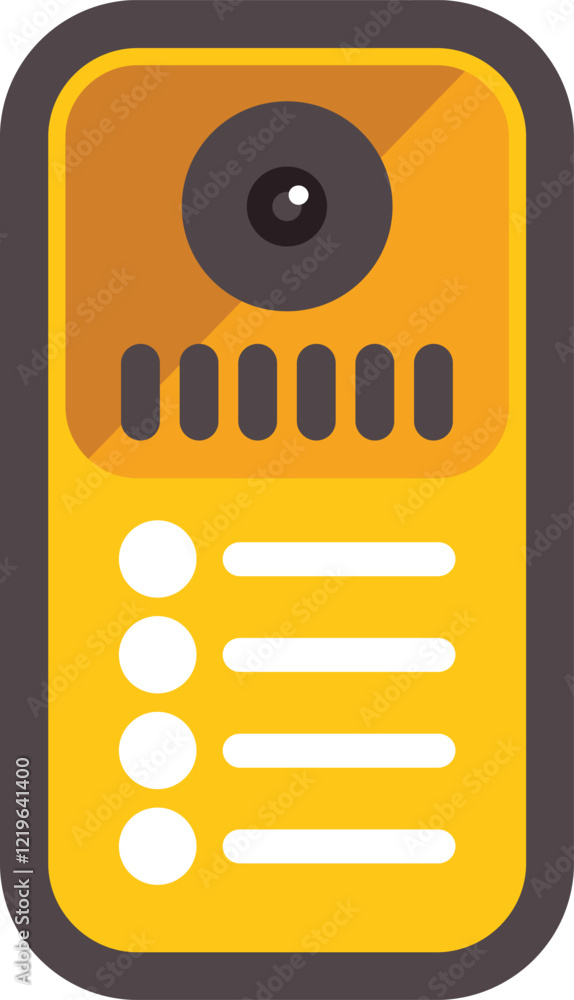 Poster yellow intercom showing empty list and camera lens icon, isolated on white background