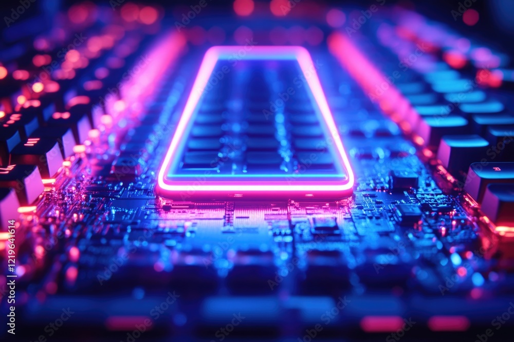 Poster a close-up shot of a computer keyboard with a neon light in the background, ideal for use in technol