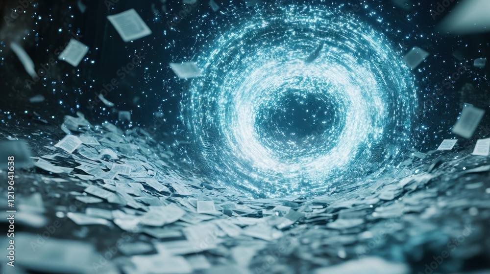 Poster swirling vortex of light draws countless documents into its center, creating a mesmerizing spectacle