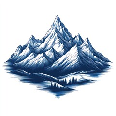 Blue ink drawing, majestic mountain range, serene valley.