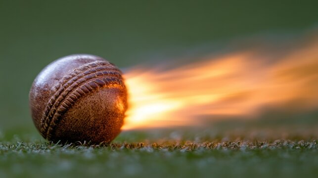 Fiery Cricket Ball Soaring Across Green Field - Powered by Adobe