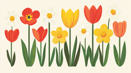 Pop Art Illustration of Vibrant Tulips and Daffodils in Bloom Concept of Springtime Beauty Floral Arrangement Nature's Colors