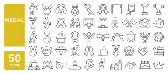 Set of 50 line icons related to medal, gold, bronze, silver, winner, award, prize, victory, champion, first, achievement, triumph, medallion, Editable stroke. Vector illustration