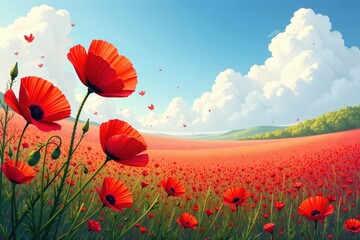 Fototapeta premium Poppies sway gently in a breeze, painting landscape red, wind, close-up, nature