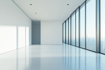 Modern Minimalist Office Space Design Large Windows City View Bright Sunlight Empty Room Interior Architecture Contemporary Building White Walls Clean Lines    