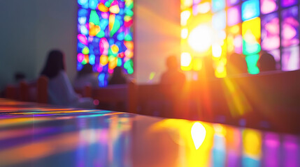 Vibrant light reflections from stained glass windows illuminating people seated in church during a worship service, creating peaceful and spiritual atmosphere. Concept of worship, faith, divine light