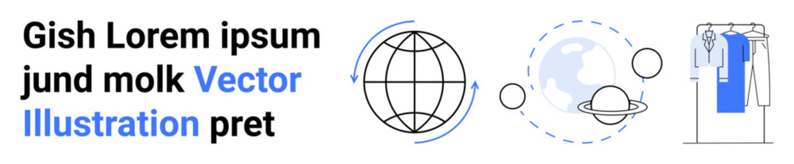 Globe with arrows indicating rotation, planets orbiting the sun, and a clothing rack with sustainable fashion. Ideal for global concepts, sustainability, space exploration, education, e-commerce