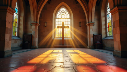 Sunlight casting cross pattern on chapel floor, spiritual ambiance