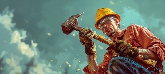 Fototapeta premium Construction Safety Demonstrated by Worker in Protective Gear for Safe Hammering Techniques