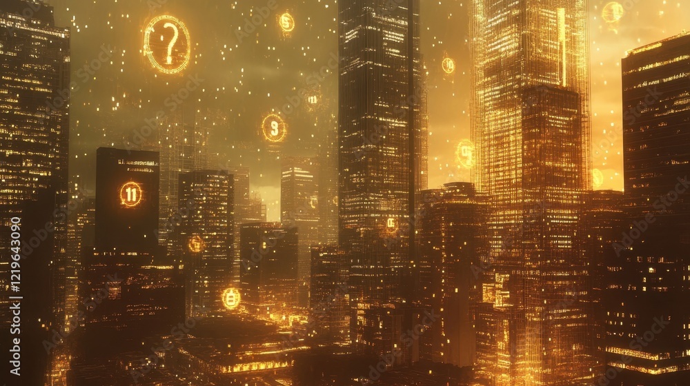 Poster futuristic cityscape at night with illuminated skyscrapers and digital numbers and question marks fl