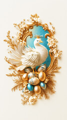 Obraz premium This vintage poster beautifully illustrates an Easter theme with a graceful bird surrounded by colorful eggs and delicate flowers. The rich jewel tones enhance its art nouveau style