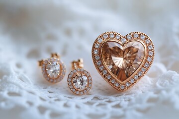 Naklejka premium A rose gold heart-shaped ring, pendant, and earrings on a white lace background, capturing traditional romance with a modern twist in high definition.