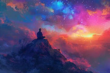 Contemplative Artwork of Solitude and Wonder: Person on Hilltop Under Starry Sunset Sky