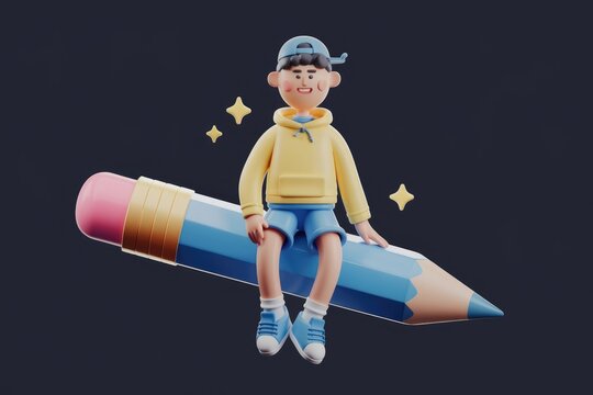 A cartoon boy wearing a yellow hoodie sits on a giant pencil  surrounded by stars.