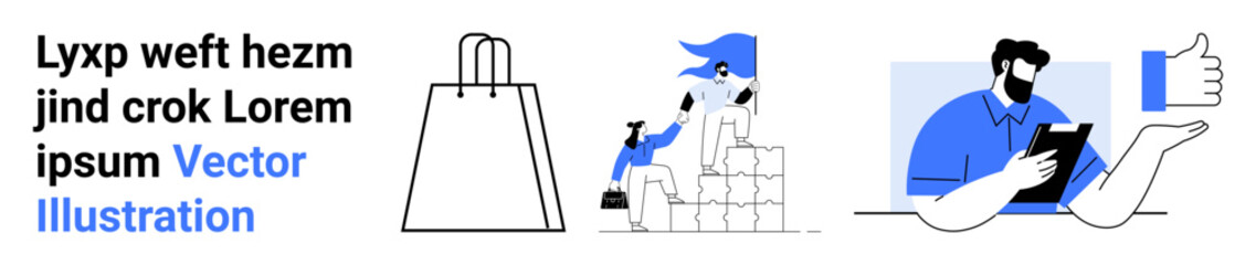 Package being delivered, shopping bag icon, person managing inventory, individual holding tablet, thumbs up. Ideal for delivery services, e-commerce platforms, customer support, logistics inventory