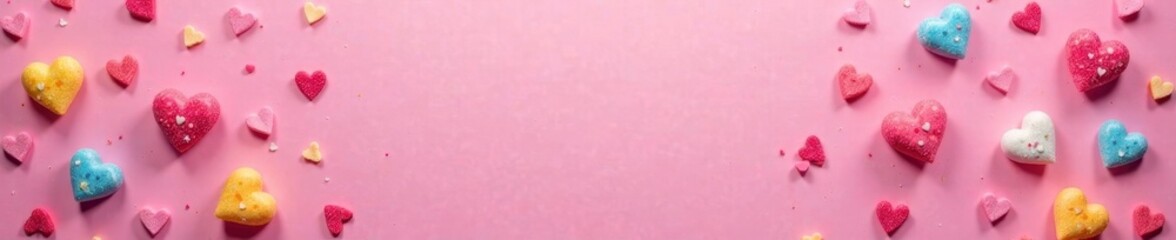 Scattered colorful sugar hearts, pink background , sweet, festive, background