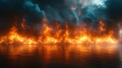 Fiery inferno reflects on dark water; apocalyptic background