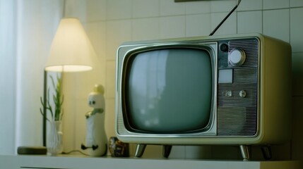 A vintage television sitting on a table, with a retro aesthetic