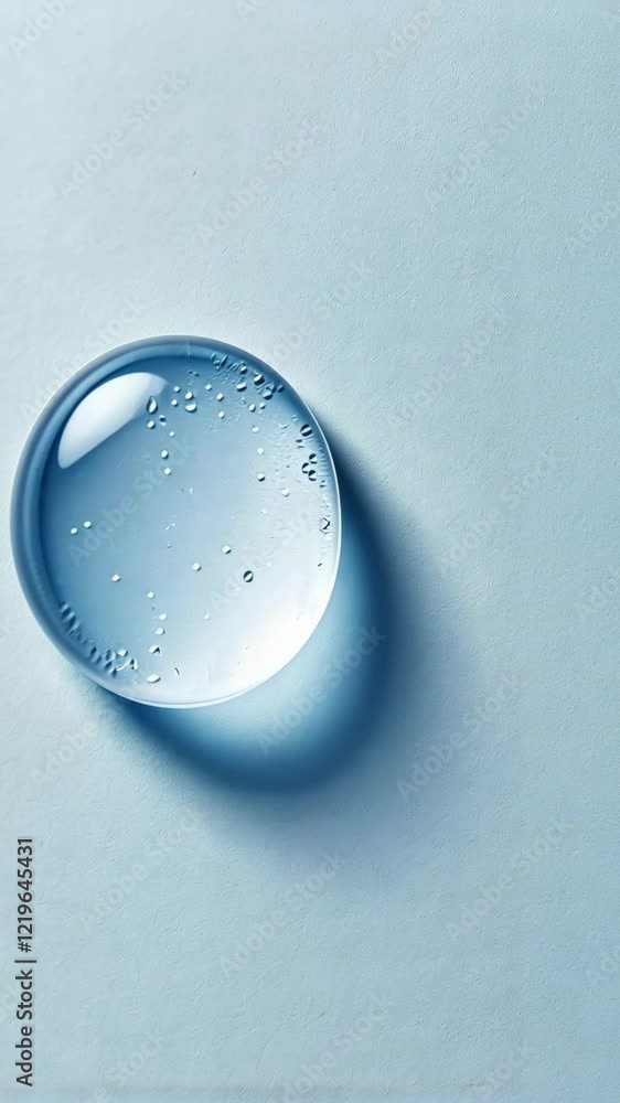Poster close-up view of a water droplet on a smooth surface with a subtle shadow in soft lighting