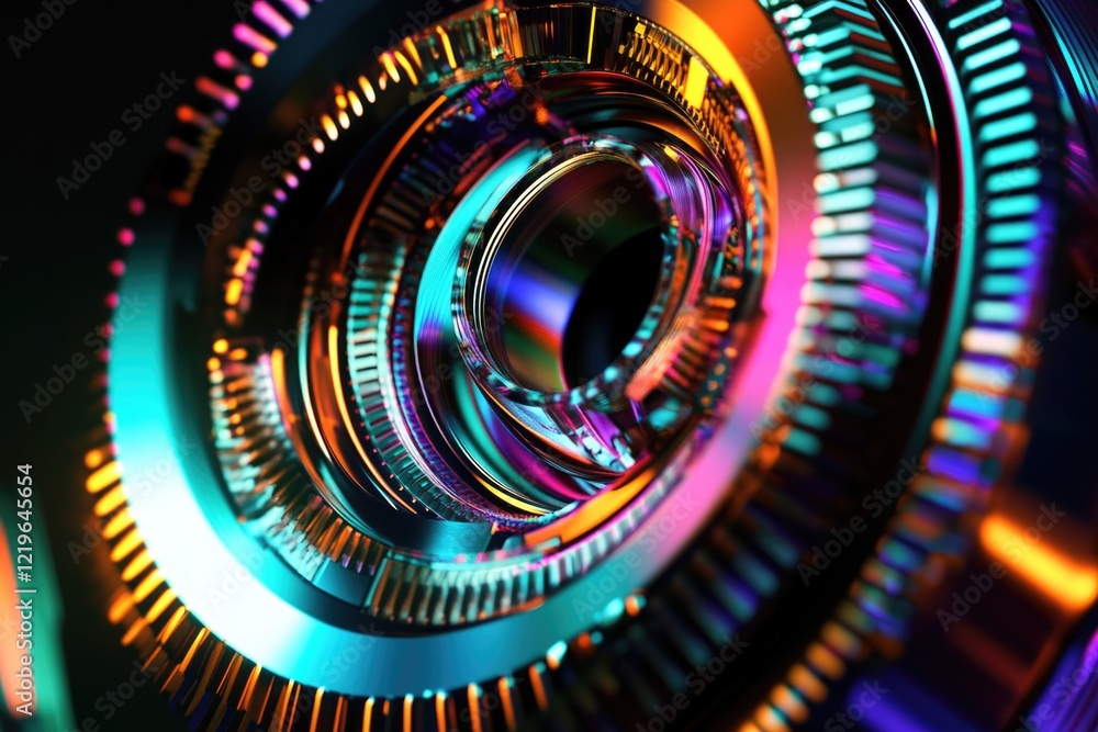 Poster close up shot of a camera lens in a dark room with the aperture and shutter speed visible