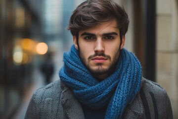 Man wears cozy oversized blue scarf in urban setting during chilly winter day