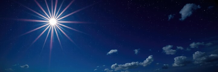 Obraz premium Glittering starry night with a stunning rainbow sunburst in the foreground and a deep indigo sky with scattered clouds, indigo sky, cosmic