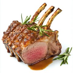 A mouthwatering rack of lamb with rosemary jus, isolated white background, pop art style