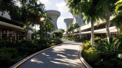 Fototapeta premium Winding concrete pathway through a lush tropical landscape, lined with mature palm trees and modern, minimalist buildings with large windows
