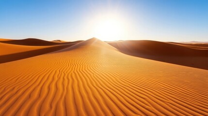 Vast, sun-drenched desert landscape with rolling sand dunes and a clear blue sky, creating a sense of awe and wonder