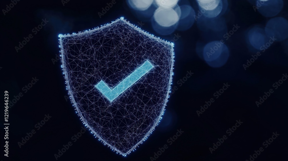 Poster digital shield icon represents data security. tech shield glowing network design. approved checkmark