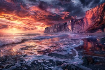 Naklejka premium Dramatic Rocky Coastline at Dawn with Vibrant Sky Reflections and Powerful Waves