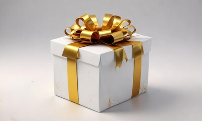 Gift box wrapped in white paper with a golden bow and decorations, expensive, refined
