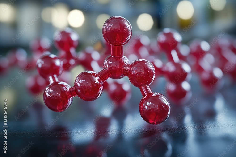 Poster a high-angle view of a cluster of vibrant red orbs, ideal for use in science or technology illustrat