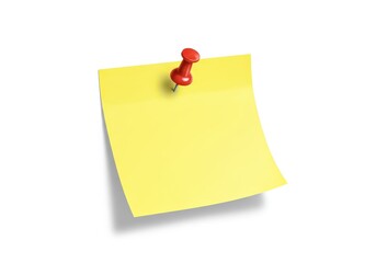 A single yellow sticky note pinned to a bright white surface using a small round red thumbtack