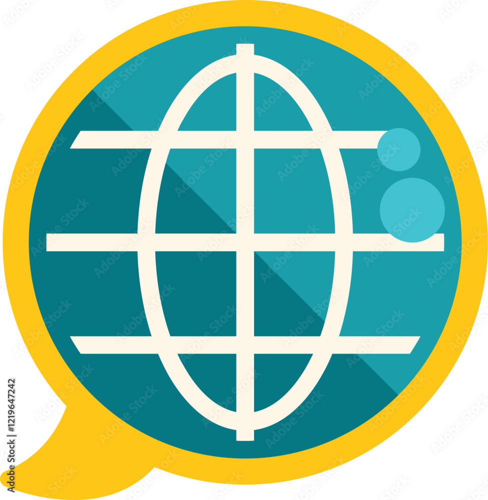 Poster speech bubble containing a globe icon representing the concept of global communication