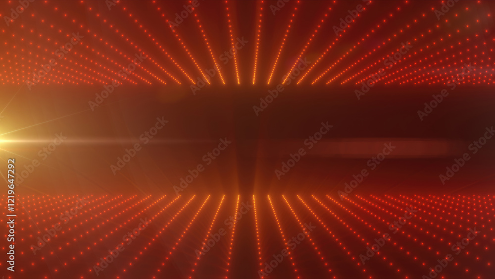 Poster Abstract futuristic grid with red glowing points and golden light source, depicting digital technology and data visualization concepts
